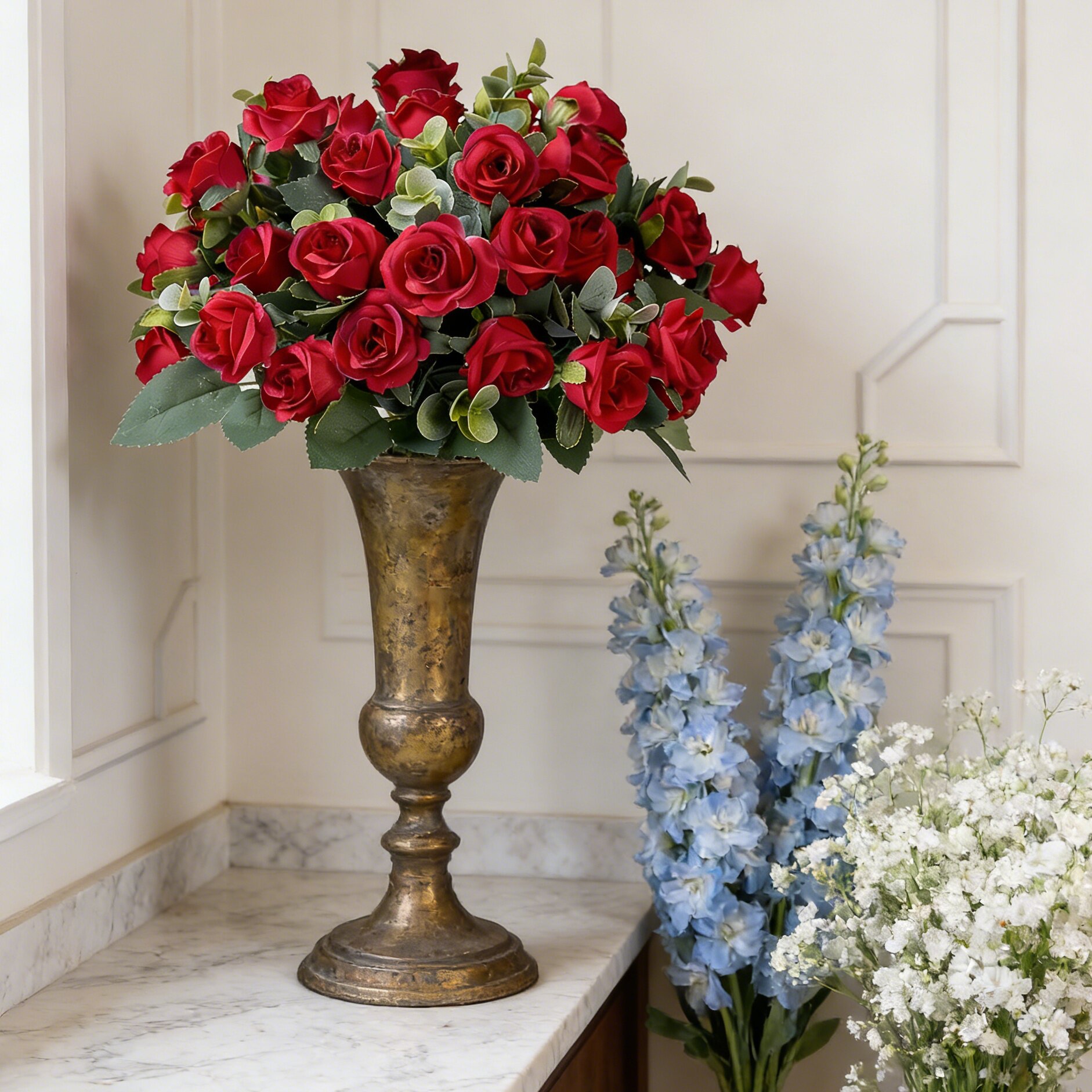Home Decor Ai Free - Artificial Silk Rose Flowers Eucalyptus Leaves